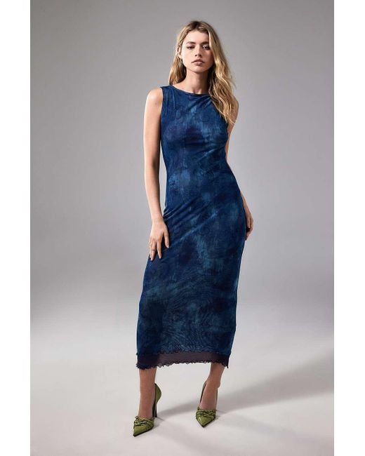 Urban Outfitters Blue Uo Pamela Mesh Slash Neck Maxi Dress