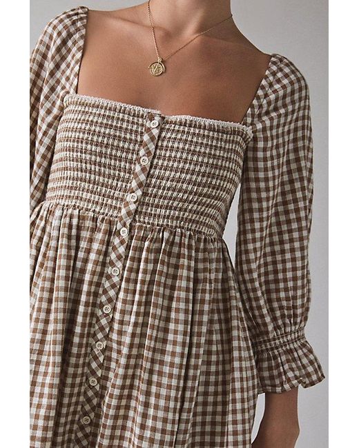 Kimchi Blue Women's Brown Cute As A Button Puff Sleeve Babydoll Mini Dress - www.jkreigsman.com Kimchi Blue Women's Brown Cute As A Button Puff Sleeve Babydoll Mini Dress - www.jkreigsman.com