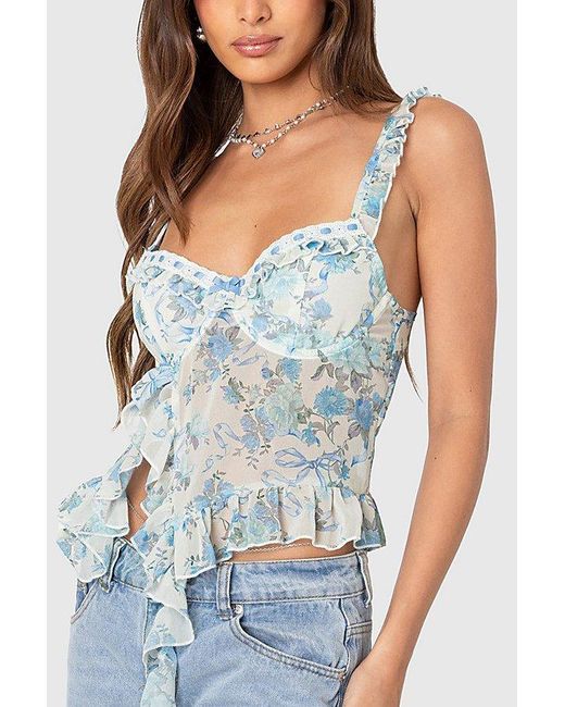 Edikted Blue Cascade Ruffled Bra Top
