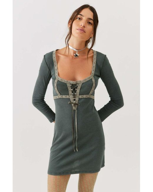 Urban Outfitters Green Uo Maxeene Long Sleeve Lace-up Mini Dress
