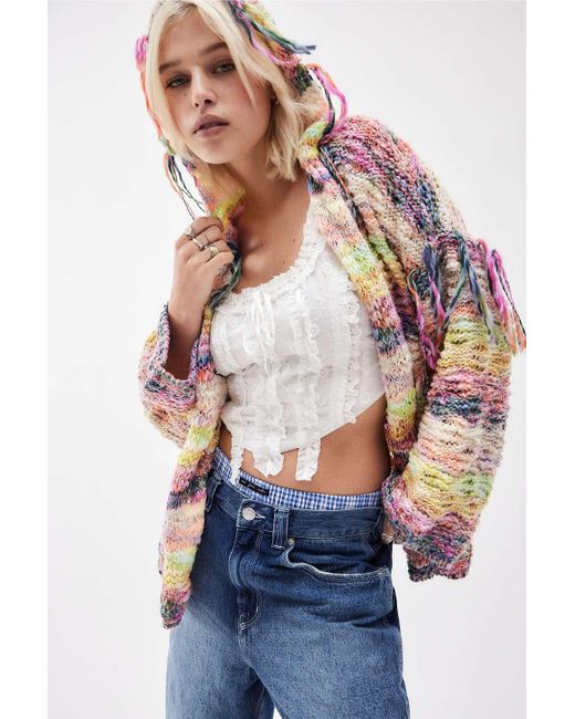 Kimchi Blue Multicolor Space-dye Knit Fringed Hoodie Xs At Urban Outfitters