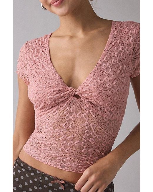 Kimchi Blue Pink Maisie Sheer Lace Twist-Front Crop Top