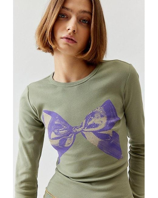 Urban Outfitters Green Sweet Bow Long Sleeve Baby Tee