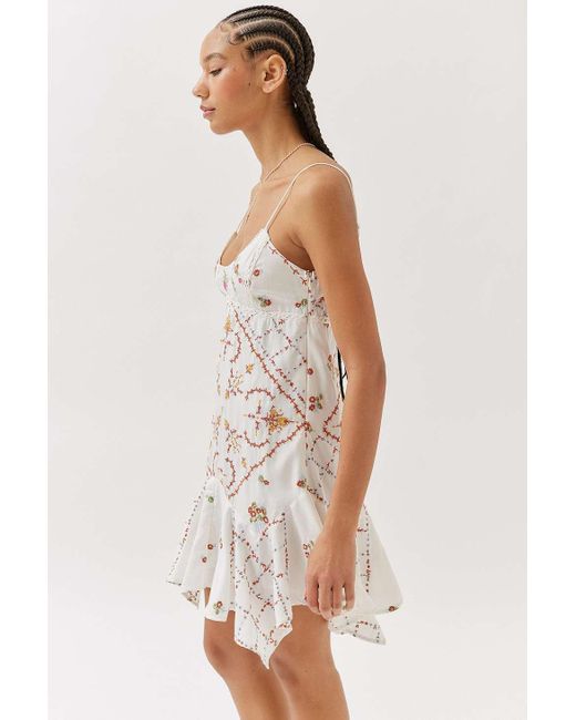 uo hanna embroidered mini dress Urban Outfitters Uo Hanna Embroidered Scalloped Babydoll Mini Dress in Blue