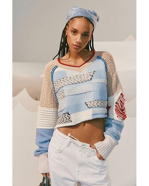 BDG Blue Johnny Patchwork Pullover Sweater