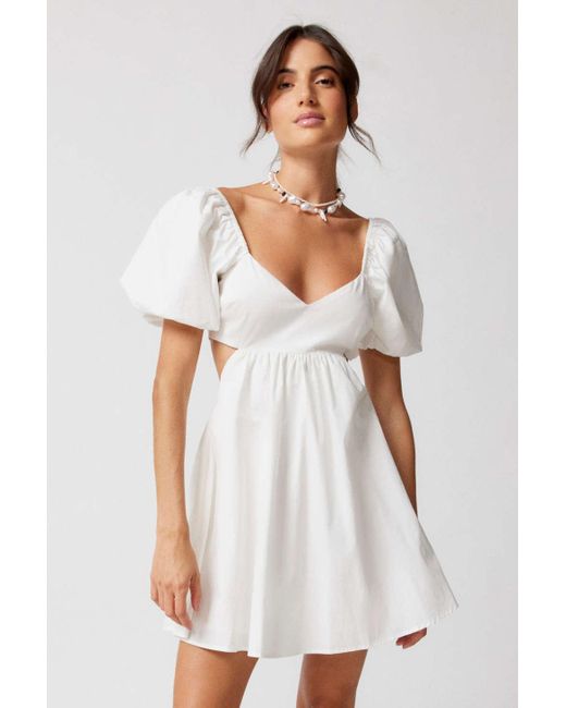 Urban Outfitters White Uo Eliza Poplin Puff Sleeve Mini Dress