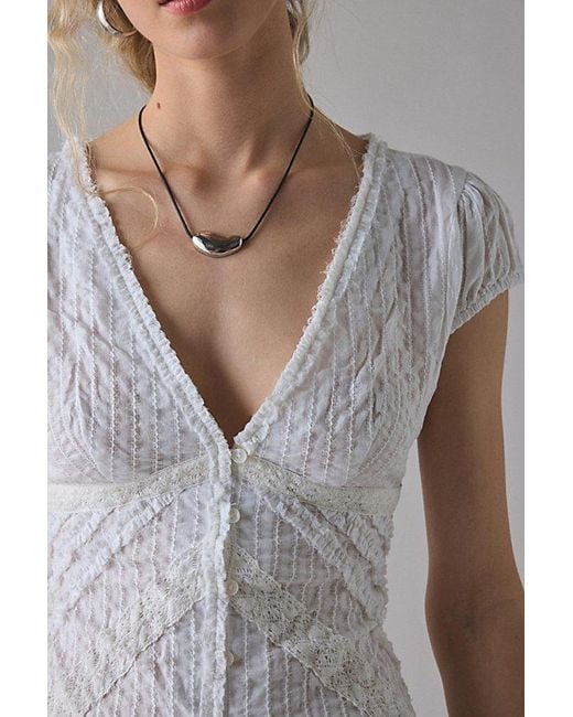 Kimchi Blue Gray Robyn Ruffle + Lace Trim Puff Sleeve Button-Up Blouse