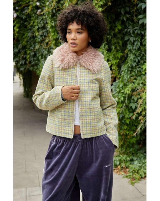 Kimchi Blue Green Mikey Faux Fur Collar Jacket Xs At Urban Outfitters