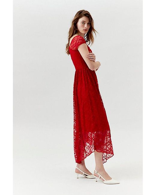 Urban Renewal Red Remnants Lace Cap Sleeve Asymmetric Maxi Dress