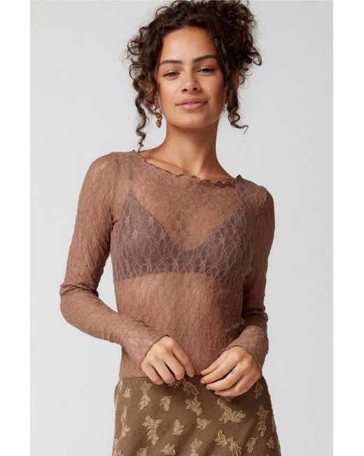 Out From Under Brown Libby Sheer Lace Long Sleeve Top