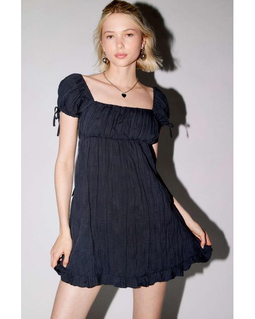 Kimchi Blue Blue Claudette Crinkle Babydoll Mini Dress In Black,at Urban Outfitters