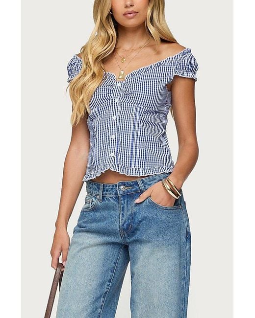 Edikted Blue Dorothie Gingham Button Up Top
