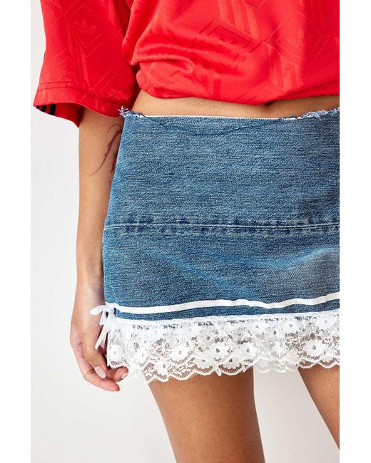 Urban Renewal Red Remade From Vintage Denim & Lace Mini Skirt