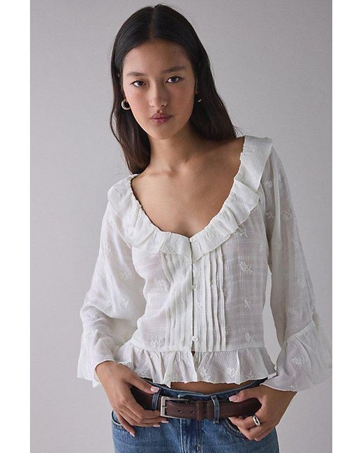 Kimchi Blue Gray Joni Embroidered 3/4 Sleeve Ruffle Blouse