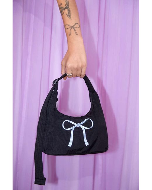Baggu Purple Uo Exclusive Embroidered Bow Mini Nylon Shoulder Bag In Black,at Urban Outfitters