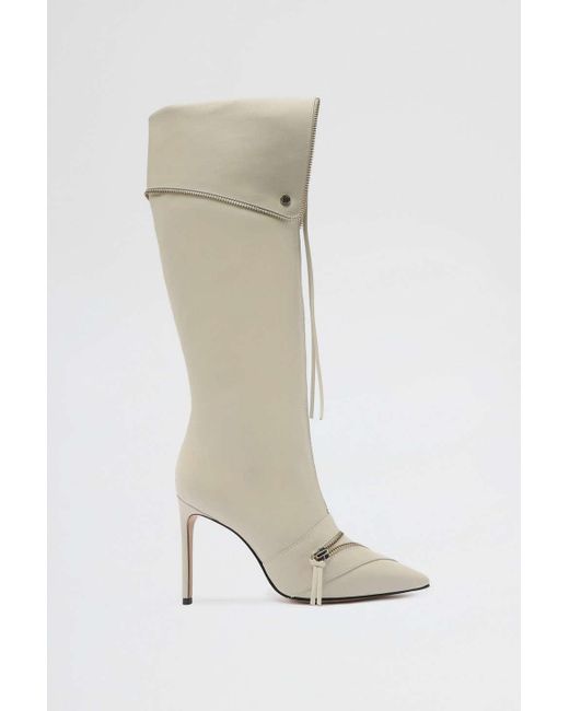 SCHUTZ SHOES White Arla Up Leather Knee-high Moto Boot In Pearl,at Urban Outfitters