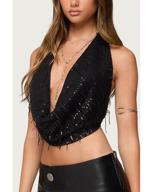 Edikted Black Fringed Sequin Backless Halteru00A0Top
