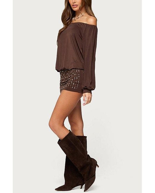 Edikted Brown Studded Off Shoulder Backless Romper