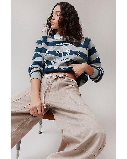 BDG Blue Hayes Anchor Striped Collared Pullover Sweatshirt