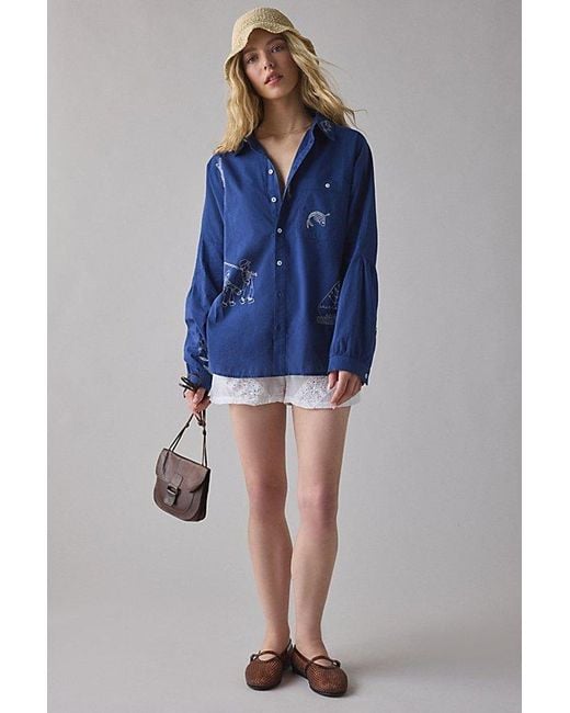 BDG Blue Alex Embroidered Graphic Oversized Cotton Button-Down Shirt