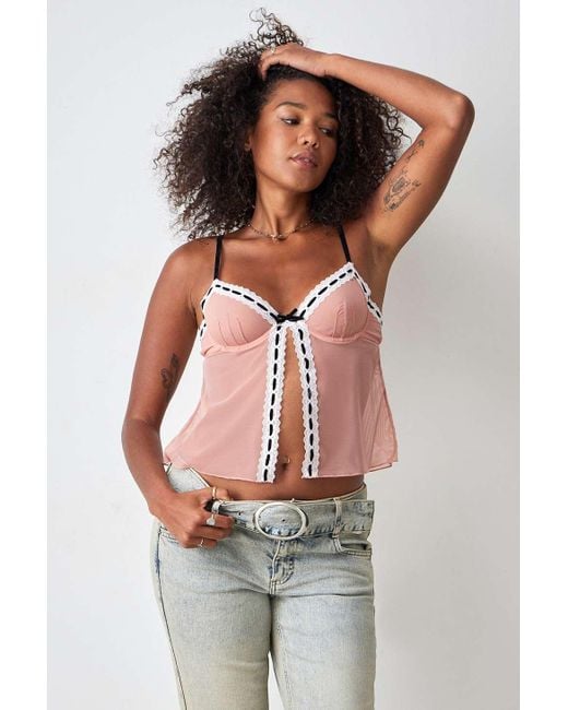 Out From Under Mia Ribbon Split Cami Top in Pink