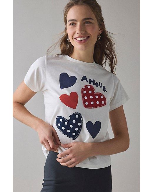 Urban Outfitters Gray Amour Polka Dot Hearts Applique Graphic Slim Tee