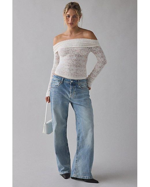 Kimchi Blue Gray Lily Sheer Lace Long Sleeve Off-The-Shoulder Top
