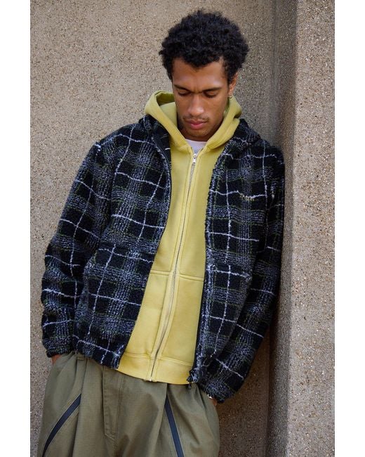 iets frans Blue Black Check Fleece Hoodie for men