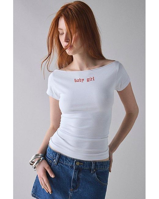 Urban Outfitters White Y2K Graphic Off-The-Shoulder Slim Tee
