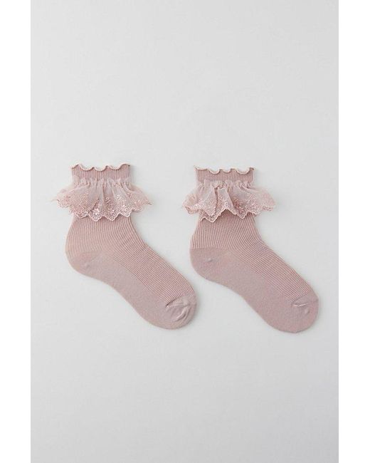 Urban Outfitters Pink Ruffle Ribbed Crew Sock
