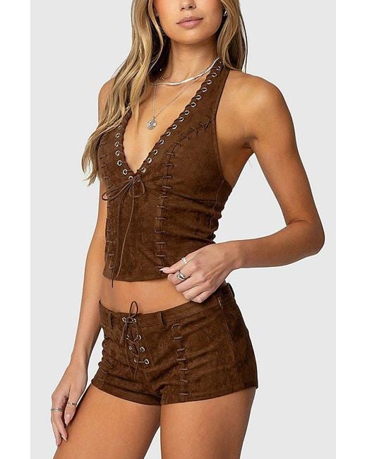 Edikted Brown Sloane Faux Suede Halter Top
