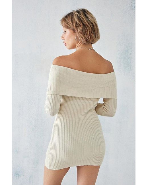 Urban Outfitters Natural Uo Tori Off-The-Shoulder Knit Mini Dress