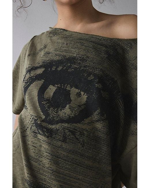 BDG Gray Courtney Eye Graphic Off-The-Shoulder Oversized Tee