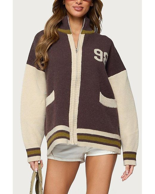 Edikted Brown 98 Varsity Zip Up Sweater