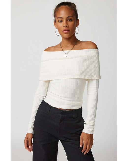 Urban Outfitters Natural Uo Hailey Foldover Off-the-shoulder Long Sleeve Top In Ivory,at