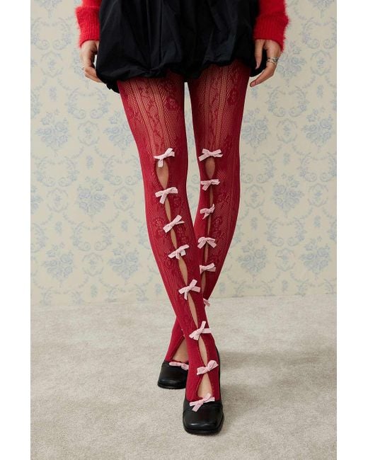 Out From Under Red Bow Cut-out Lace Tights