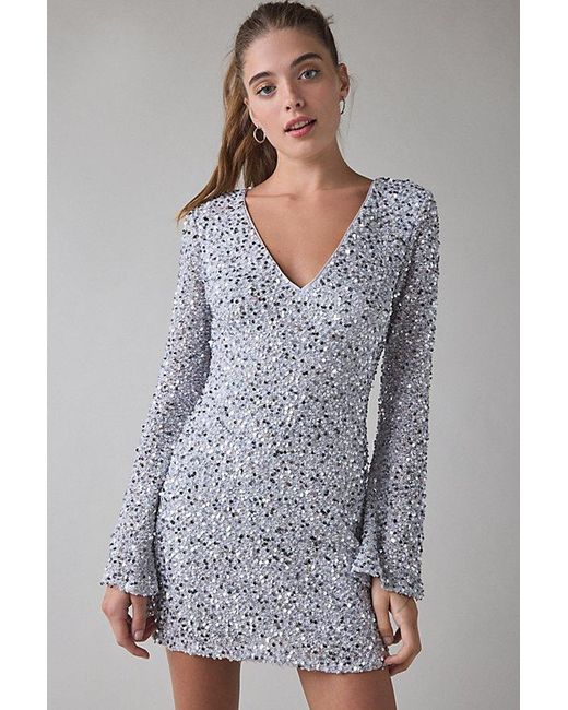 Urban Outfitters Uo That's Showbiz Open Back Bell Sleeve Sequin Mini Dress  in Gray | Lyst