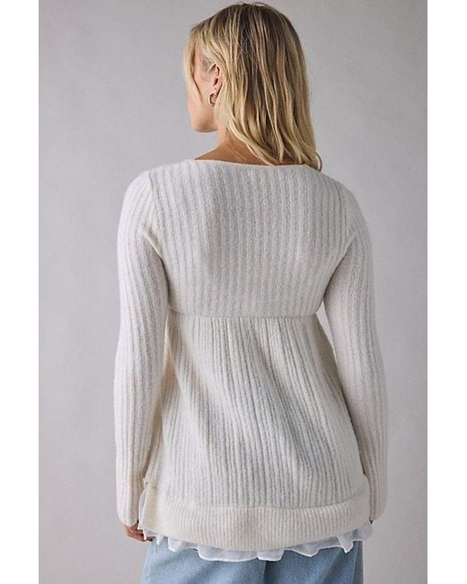 Kimchi Blue White Hannah Printed Ruffle Trim Babydoll Sweater