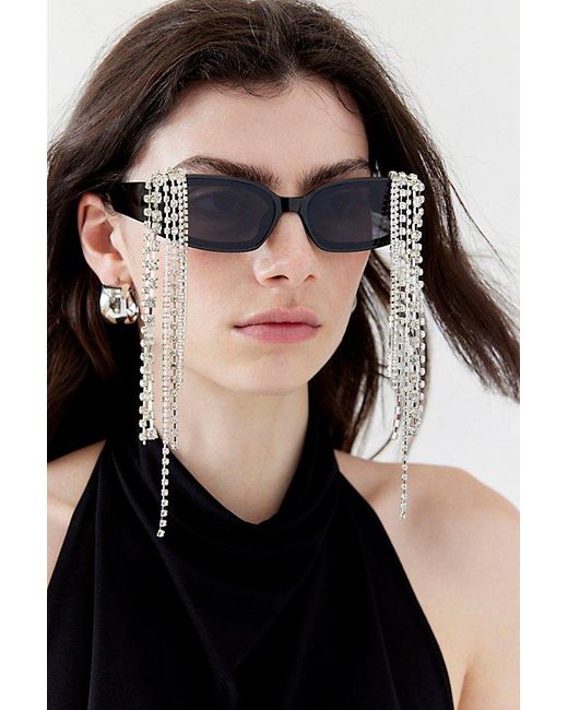 Urban Outfitters Black Rhinestone Fringe Rectangle Sunglasses