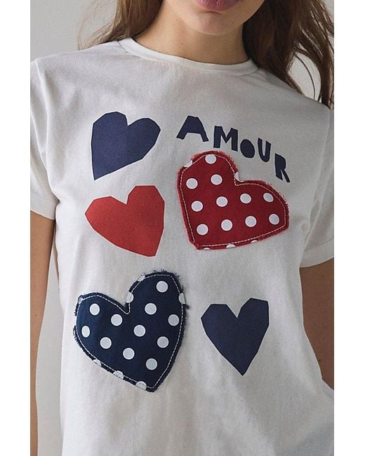 Urban Outfitters Gray Amour Polka Dot Hearts Applique Graphic Slim Tee