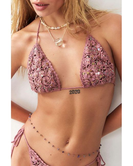 Out From Under Brown Sequined Open Stitch Bikini Top