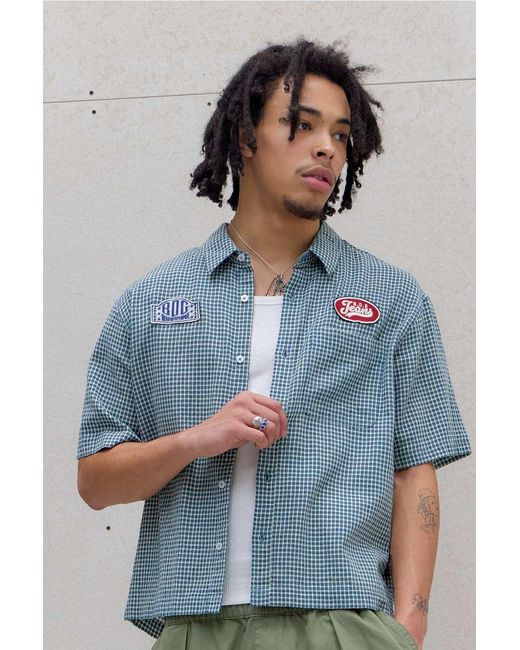 BDG Blue White & Teal Check Short Sleeve Mechanic Shirt for men