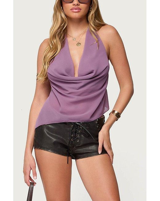 Edikted Purple Asymmetric Backless Chiffon Halter Top
