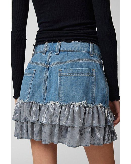 Urban Renewal Black Parties Remade Velvet Trim Denim Mini Skirt