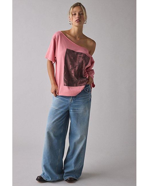 Urban Outfitters Pink Guitar Photo Graphic Oversized Off-The-Shoulder Tee