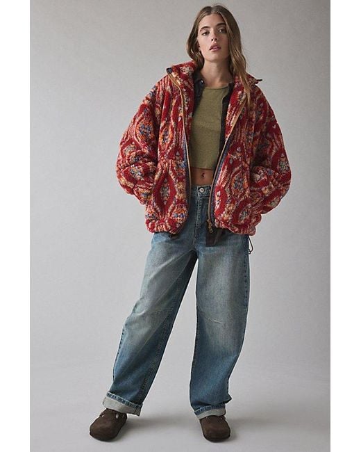 BDG Red Mae Printed Piled Fleece Zip-Up Jacket