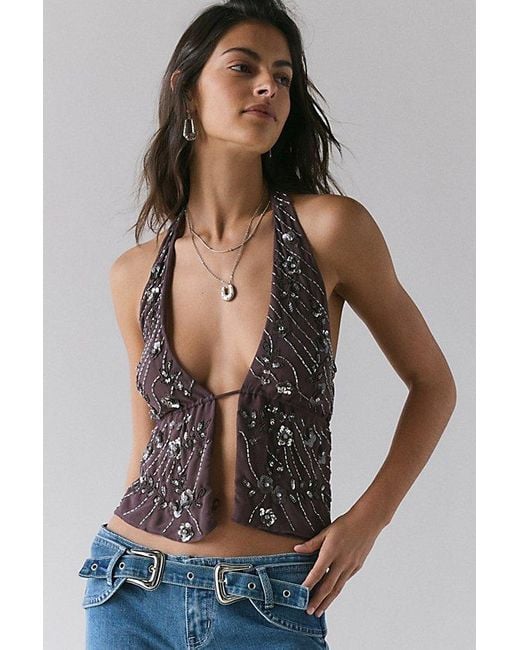 Urban Outfitters Brown Uo Carmellia Embellished Split-Front Flyaway Halter Top