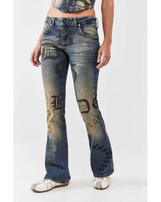 BDG Blue Script Print Low-rise Bootcut Flare Jeans