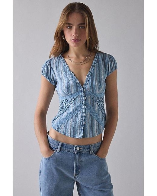 Kimchi Blue Blue Robyn Ruffle + Lace Trim Puff Sleeve Button-Up Blouse