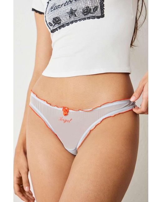 Out From Under Gray Angel Embroidered Mesh Thong